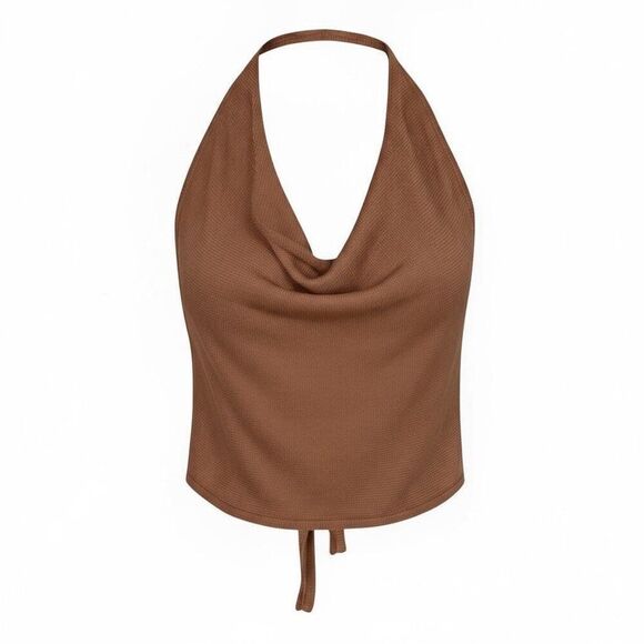 New Aya Muse Cinnabar Knit Tied Draped Halter Crop Top M Brown - Picture 1 of 5